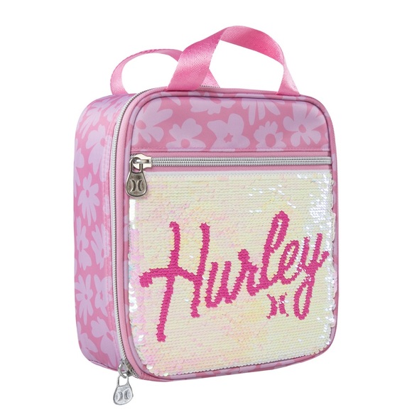 🆕Hurley Sequins Lunch Bag Box Hot Cold Insulated Flip 9”H 8”L x 4”D Pink Floral - Picture 1 of 8